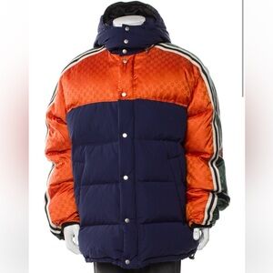 Gucci Monogram Vibrant Colorblock Orange and Navy Puffer Jacket 54IT